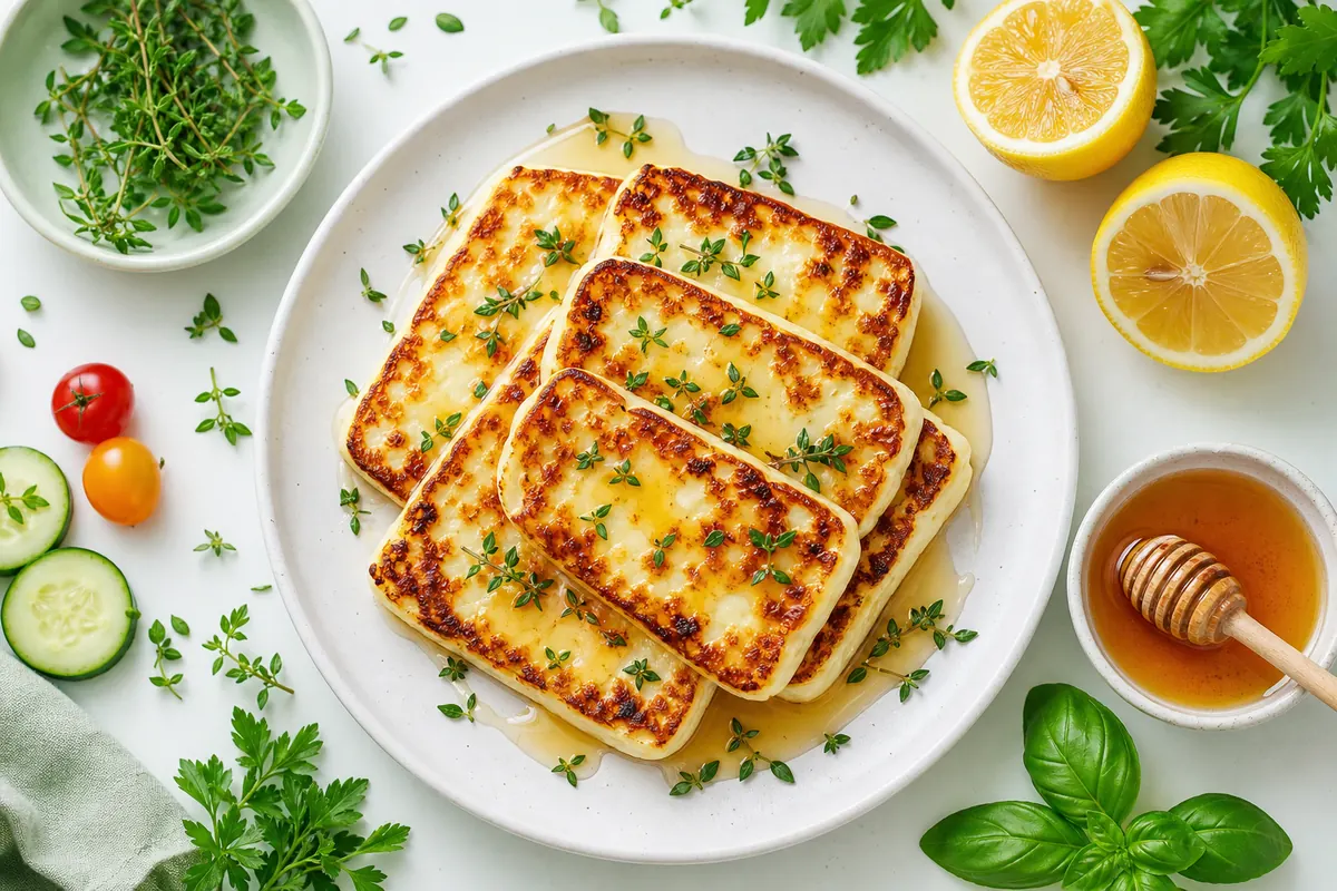 Halloumi uit de airfryer met honing en tijm