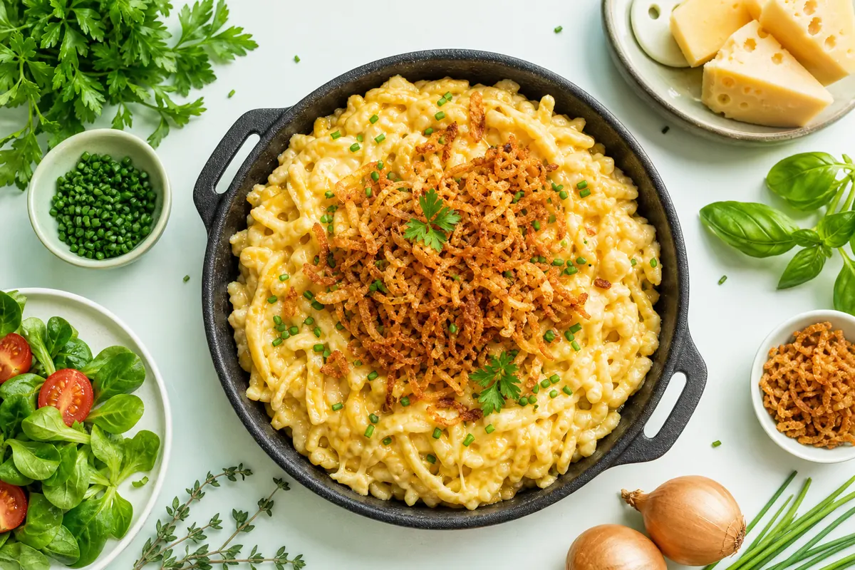 Zuid-Duitse kaasnoedels met krokante ui (K&auml;sesp&auml;tzle)